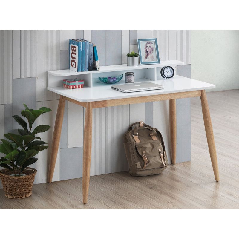 Bureau en bois avec rehausse Mid-Century, Blanc/naturel