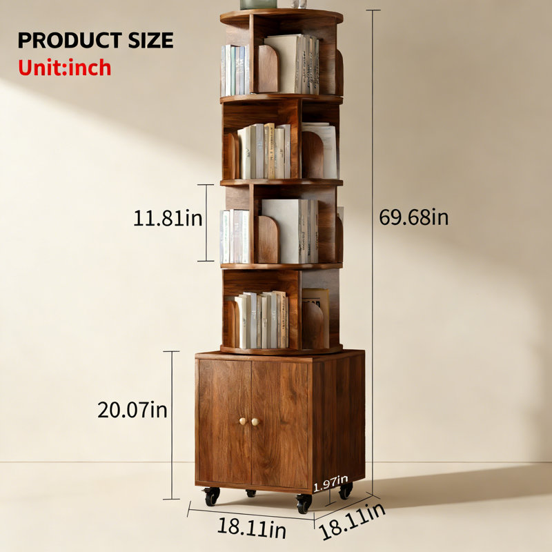 360 Degree Rotating Display 5 Tier Corner Bookshelf, Floor Standing Bookcase Storage Rack, Wood Narrow Book Shelf Organizer