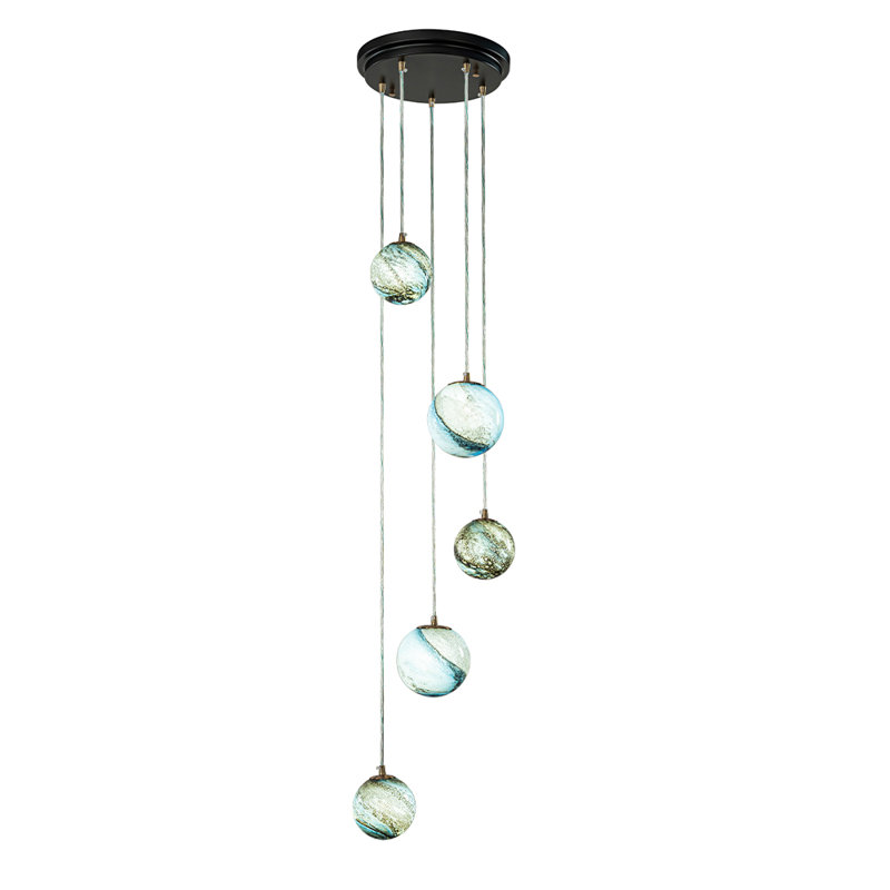 12'' 5-light Modern Glazed Glass Globe Staircase Chandelier Coastal Handcrafted Glass Pendant In Matte Black For Foyer Entryway