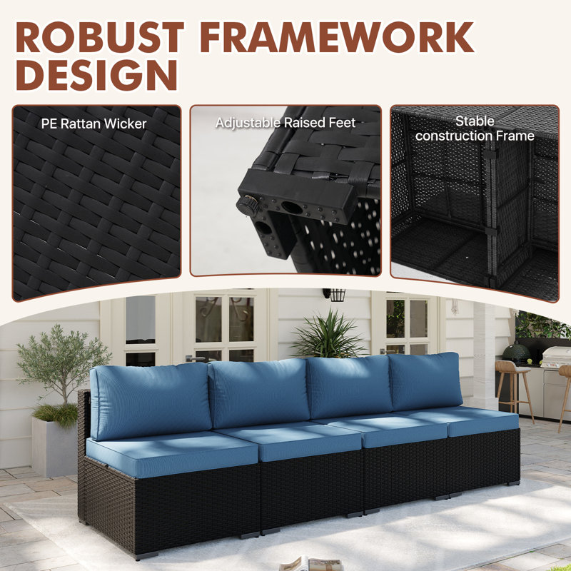 4 -Person Rattan Patio Safo With Cushions, Navy, Black