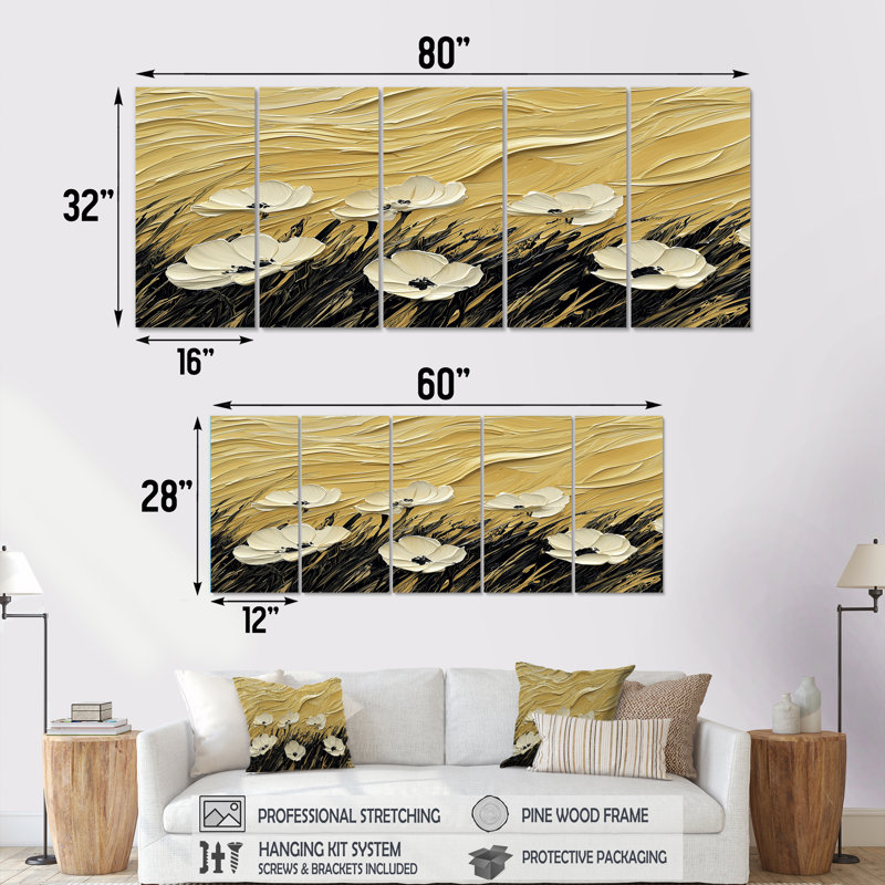 Fleurs abstraites dans le vent I - Art mural fleurs - ensemble de 5 décorations murales modernes, H 28 po x l 60 po