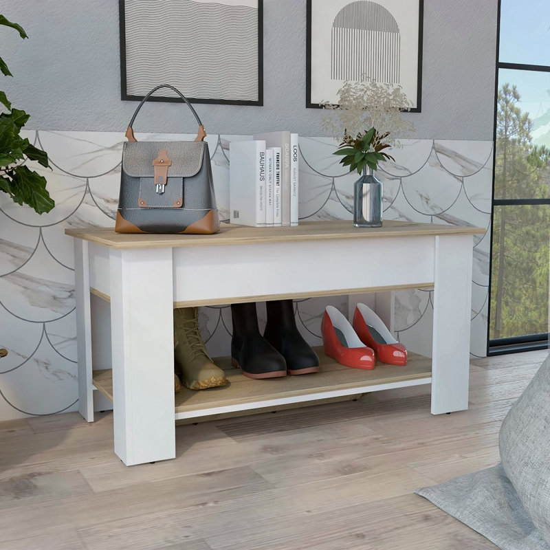 Austin Storage Table, One Extendable Table Shelf, Four Legs, Lower Shelf -Light Oak / White, White/Oak