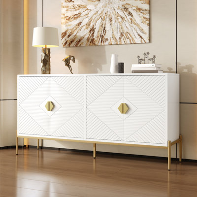 158cm Geometric Sideboard 4 Doors Storage Cupboard Gold Handles Metal Legs Buffet Credenza Living Dining Room Units, White