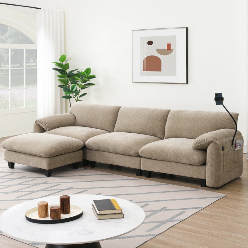 108" Modular Sectional Sofa, L-Shape with 31.5" Extra-Wide Seat Cushion, USB and Type-C Charger, Phone Holder and 2 Side Storage Pockets, Free Movement Ottoman, Striped Chenille