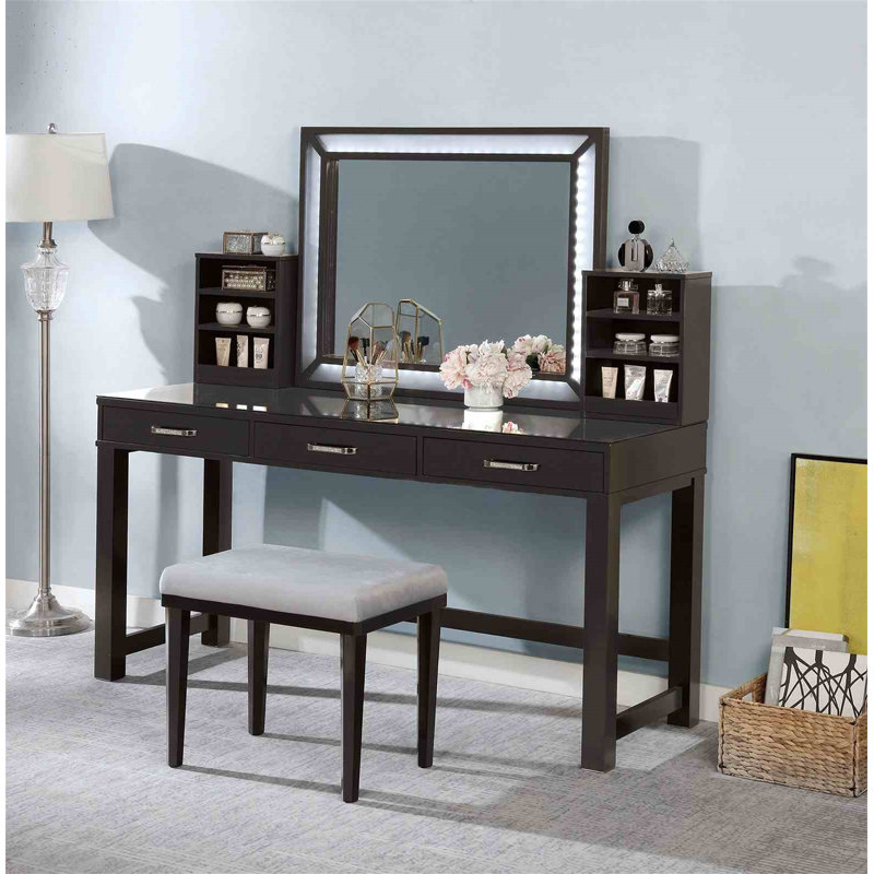 Glam Style 1Pc Vanity W/ Stool Set Tempered Glass Top Central Mirror Storage Drawers Padded Stool Obsidian Gray Finish