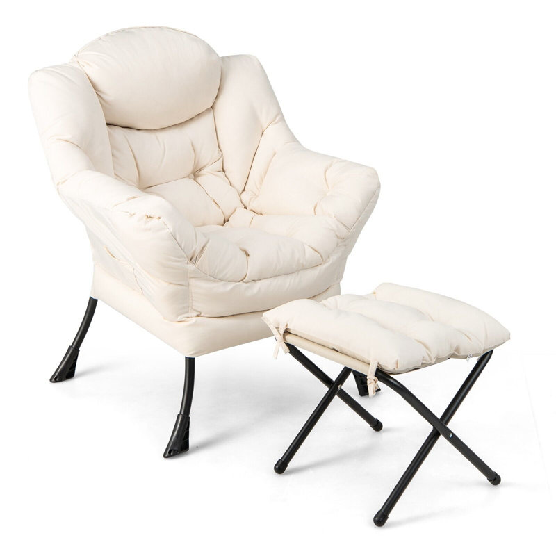 Upholstered Armchair With Footstool, 96cm H x 80cm W x 76cm D, White Polyester