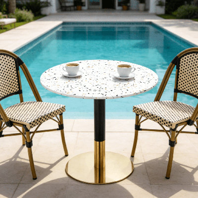 24" Round Terrazzo Outdoor Patio Table Commercial Outdoor Table with Pedestal Base – Modern Patio Café Table for Restaurant, Hotel & Hospitality Spaces