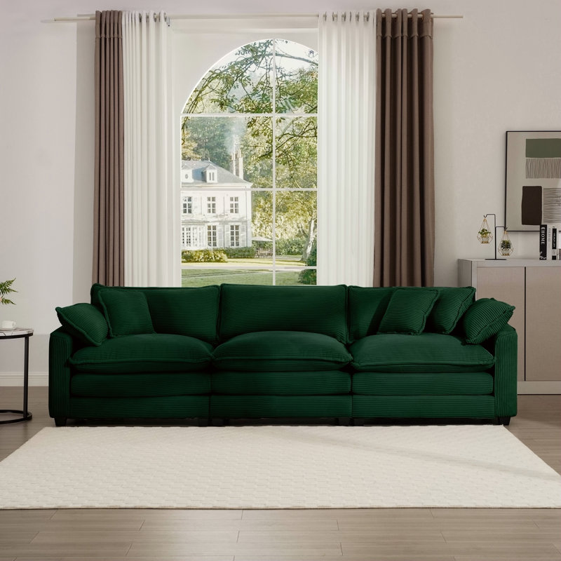 Canapé modulaire Mid-Century 3 places avec 2 accoudoirs et 3 coussins, tissu modulaire en velours côtelé vert, Vert