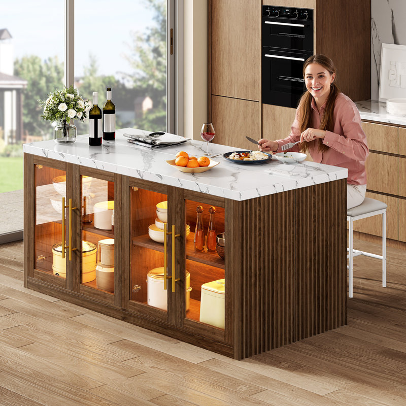 Îlot de cuisine de 55 pouces avec rangement, chariot de cuisine roulant avec prise électrique et lumière DEL (sans chaise)