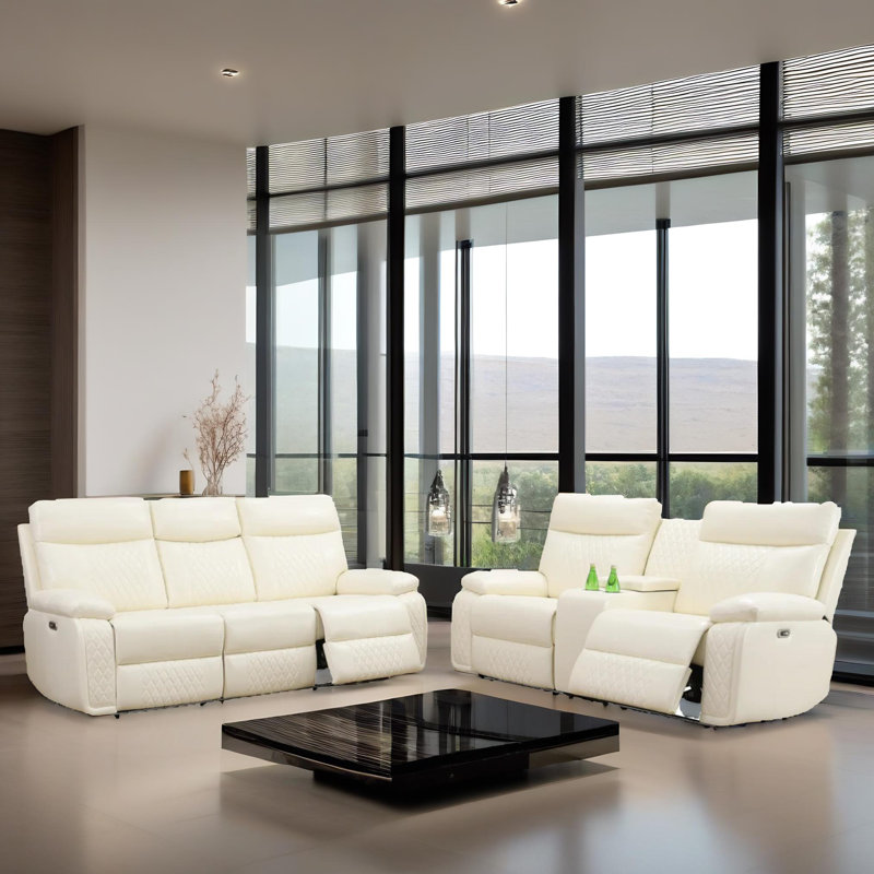 Victoria White Vegan Leather 2-Pieces Reclining  Sectioanal Living Room Sofa Set With Cup-Holders ,Wireless Charging And LED Lights