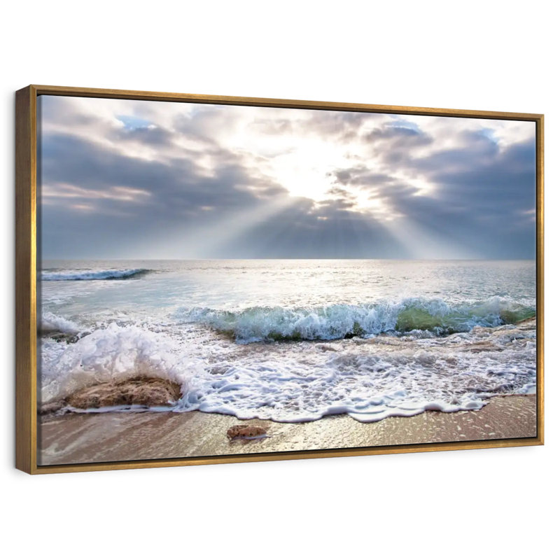 Océan au lever du soleil, Cadre flottant doré, 31 po x 21 po