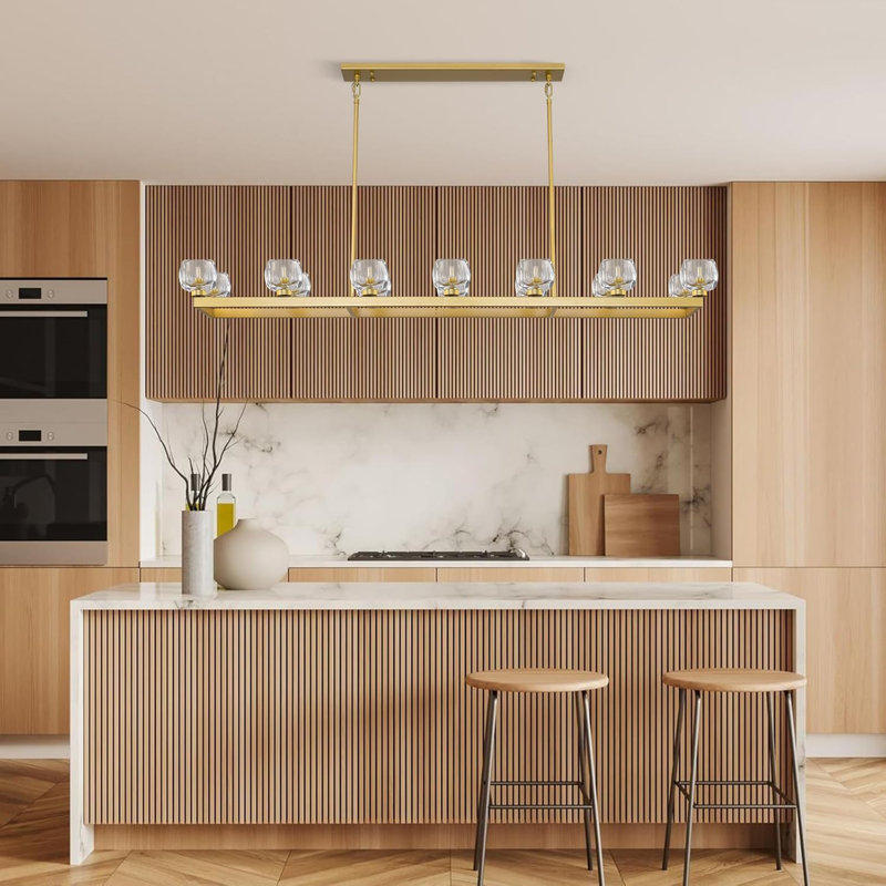 Lustre carré / rectangulaire 12/14 lumières 59 "/ 72" avec abat-jour en verre, Laiton, H 6,4 po x l 72 po x P 13 po