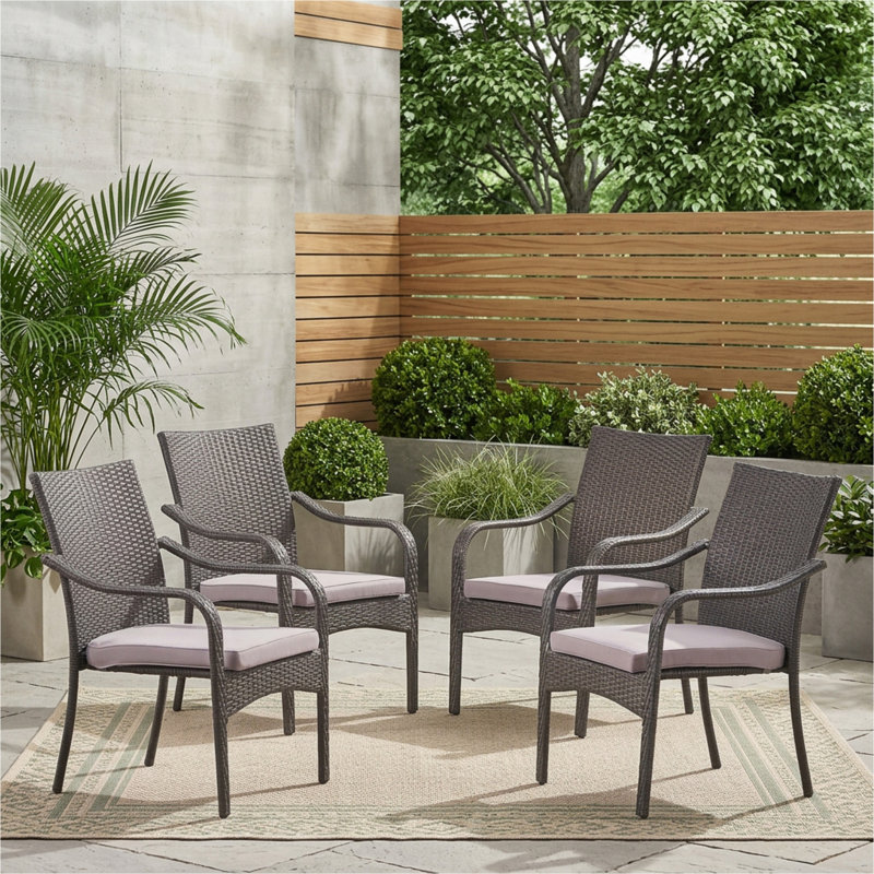 Outdoor PE Rattan Stacking Chair with Iron Frame and Cushions(Set of 4), Grey Wicker
