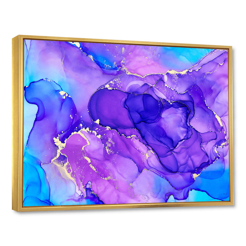 «Blue and Purple Luxury Abstract Fluid Art», reproduction sur toile, H 30 po x l 40 po, Cadre flottant doré
