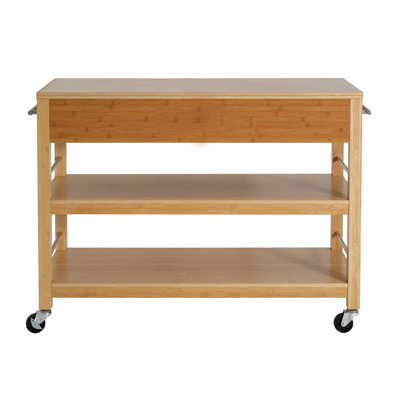Multifunctional Natural Bamboo Bar Cart with Locking Wheels, Drawers, and Open Shelves