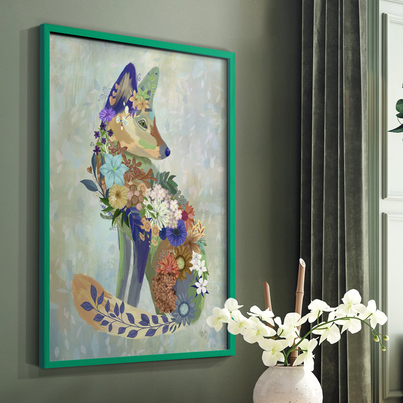 Fantastic Florals Fox, assis, reproduction encadrée - bois massif, Blanc, H 28 po x l 22 po