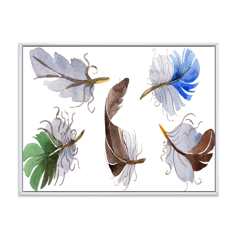 Ensemble de plumes colorées Boho IV - peinture sur toile, H 16 po x l 32 po x p 1 po, Cadre blanc