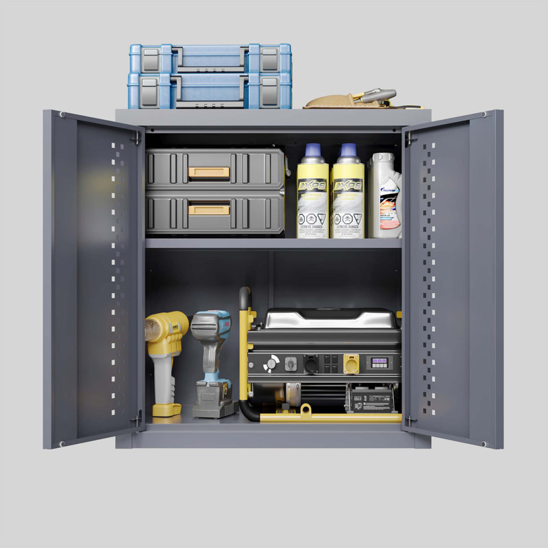 Metal Wall-Mounted Garage Storage Cabinet With Adjustable Shelves And Smooth Hinge, Ideal For Space-Saving And Organization In Basements, Kitchens, And Warehouses