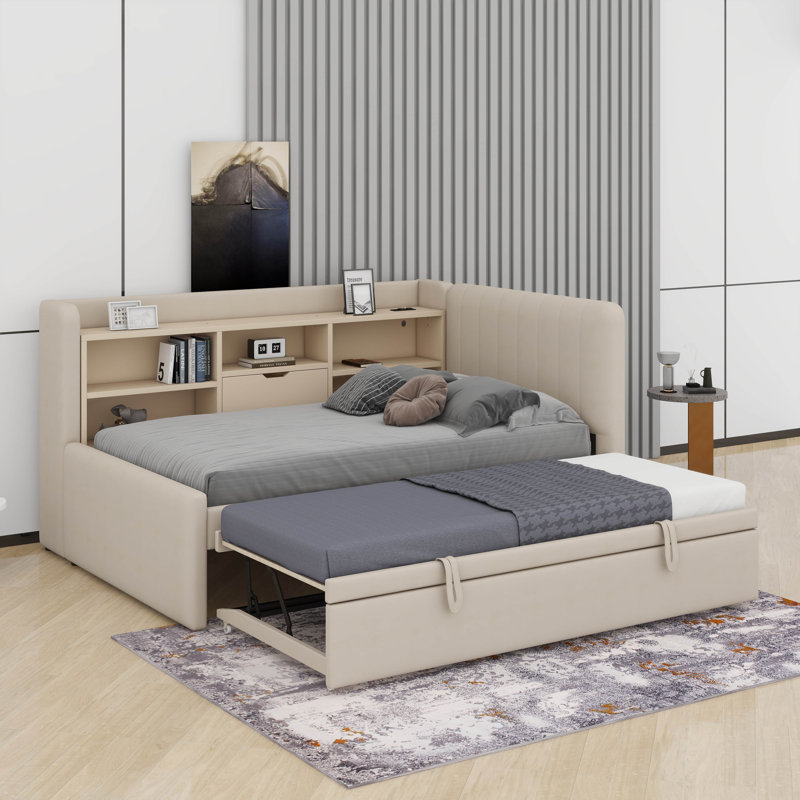 Lit de jour simple rembourré avec lit gigogne, tablettes de rangement, port USB et prise de courant, Beige