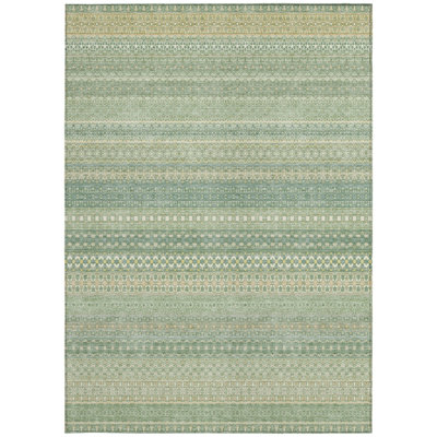 8' X 10' Artichoke Green Striped Washable Non Skid Indoor Outdoor Area Rug