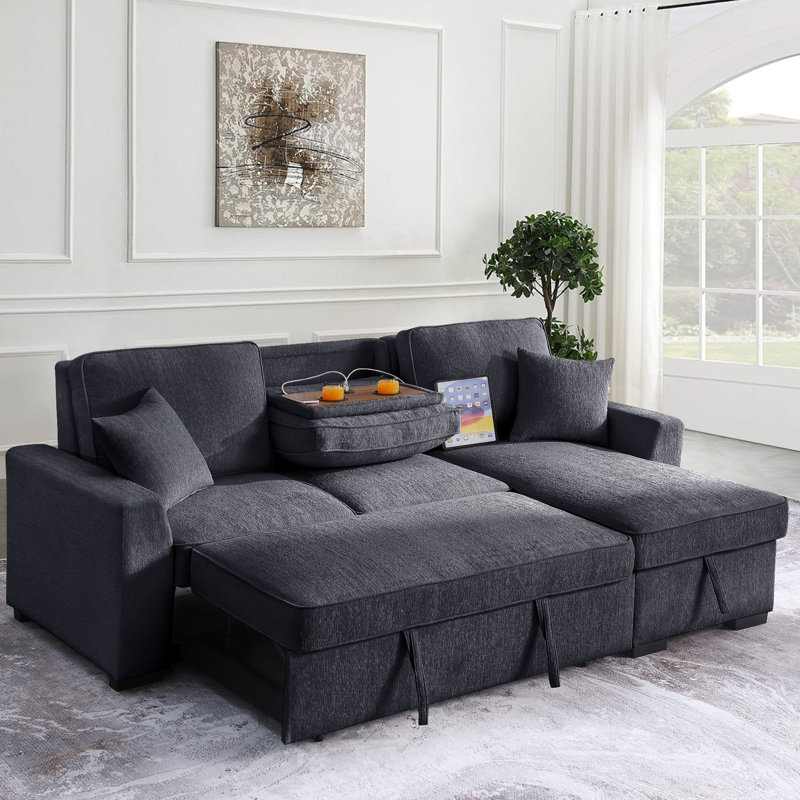 Canapé-lit modulaire réversible avec rangement Elfrieda, Chenille grise foncée