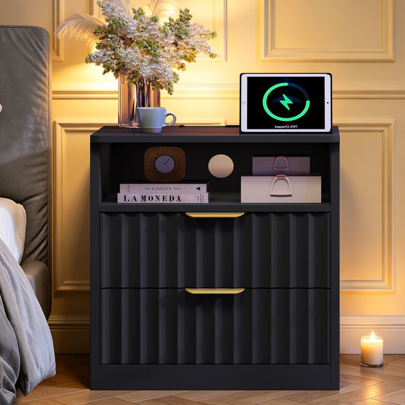 Nightstand Set of 2, With Charging Station And Led Light, 2 Storage Drawer And Open Shelf, Modern Bedside Table For Small Space, For Bedroom, Living Room, Blak
