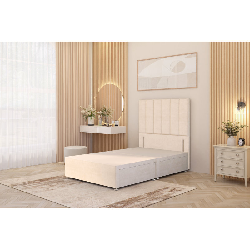 Asterin Divan Bed Base with 54" Floor Standing Headboard Plush Velvet, Double (4'6), Ivory, 2 Drawers