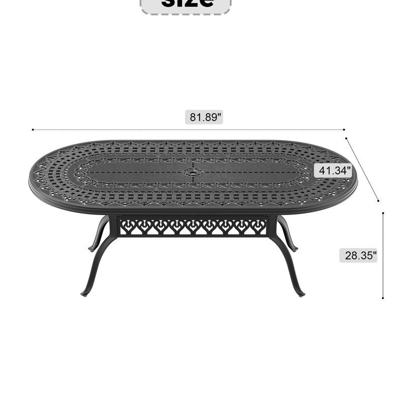 Table de salle à manger ovale en aluminium moulé noir, 205 cm de long x 106 cm de large, avec trou pour parasol, revêtement haute température, design antidérapant, idéale pour le jardin. Structure en aluminium moulé traditionnel, résistante aux intempéries et aux intempéries. Pieds de biche.