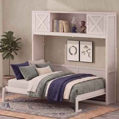 Grand lit escamotable avec armoires de rangement, beige