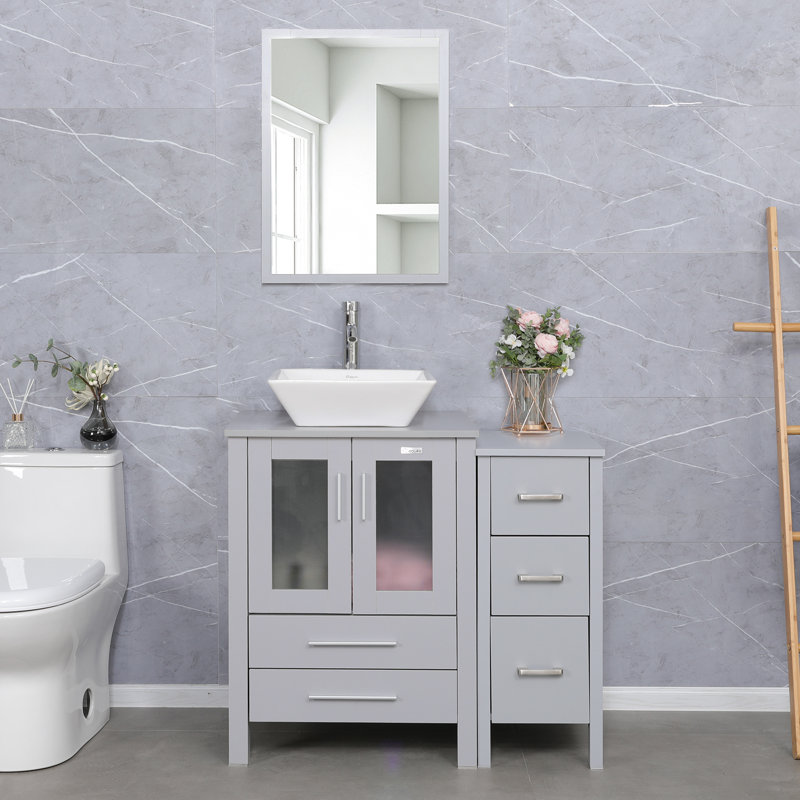  36" Single Bathroom Vanity Set with Vessel Sink, Manufactured Wood Top, Faucet, Drain, Gray, Gray