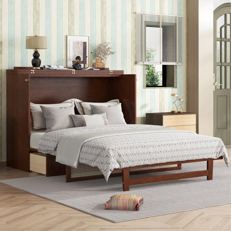 Grand lit escamotable, armoire-lit en bois de pin avec décoration en rotin et tiroir de rangement, noyer, Noyer