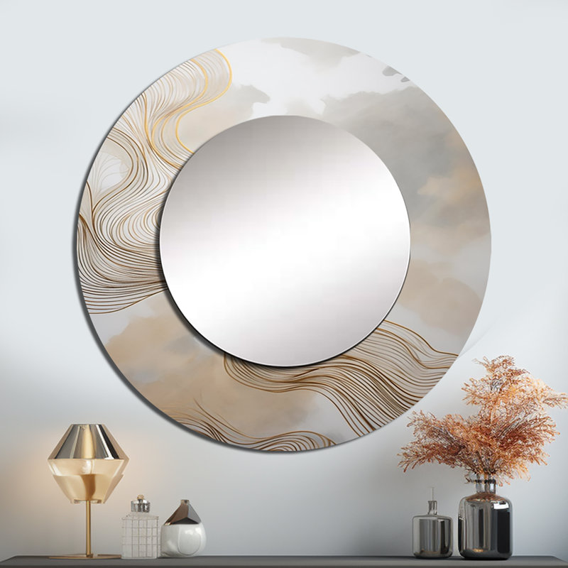 Gold And Grey Linear Expressions V - Minimalism Line Art Round Mirror Wall Decor_MTMIR61659, 29" x 29"