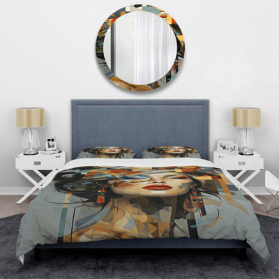 Glam Comforter Set of 4 - Glam Harmonious Cubist Woman Portrait I With Shams And Throw Pillows