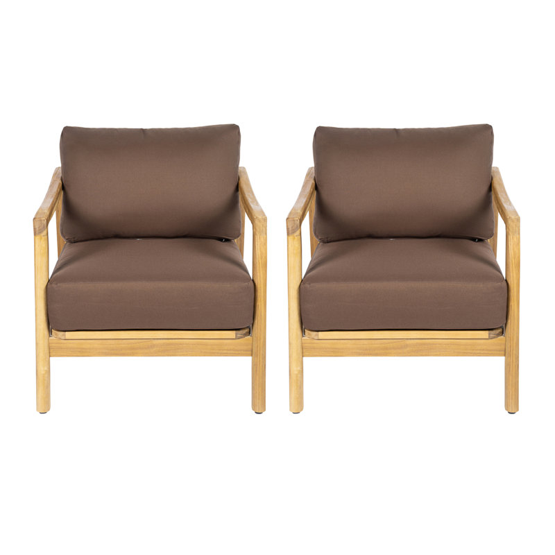 Fauteuil club d'extérieur, structure en bois d'acacia avec dossier en corde, coussins bruns hydrofuges pour patio / cour arrière / terrasse, ensemble de 2