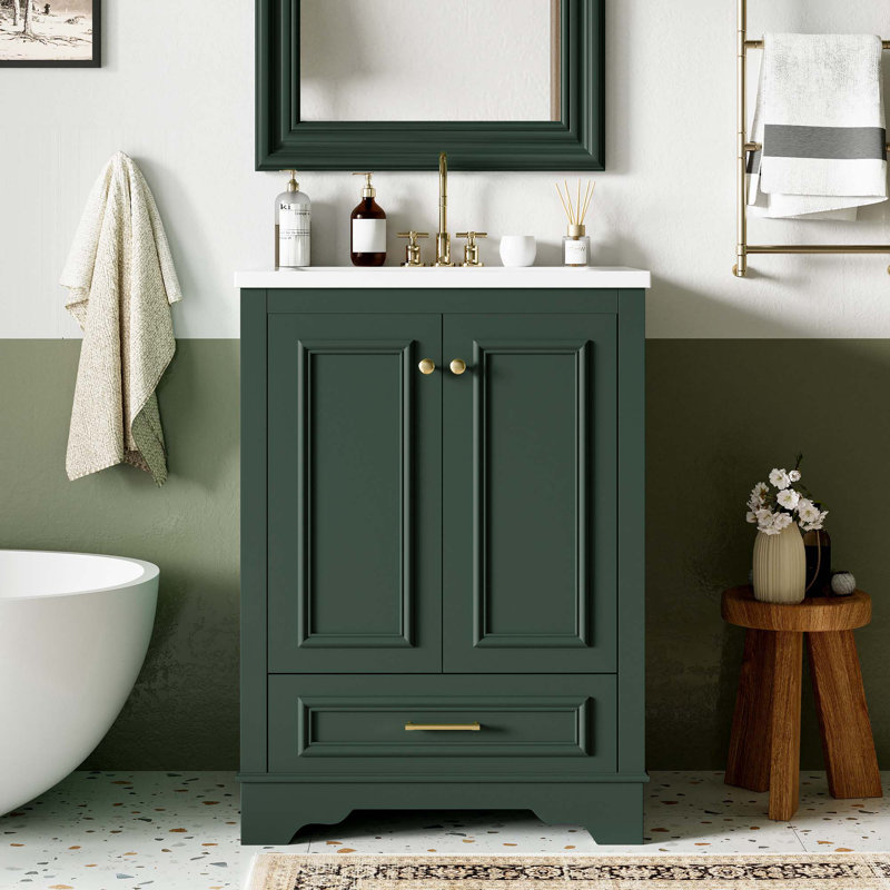 Meuble-lavabo 24 po avec lavabo en céramique, Vert, Doré