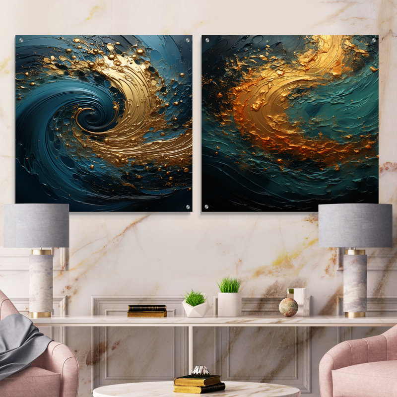 Golden Emerald Surge I - ensemble de 2 peintures murales en acrylique à spirales abstraites, H 36 po x l 73 po