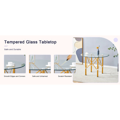 Élégante table ronde en verre transparent transparent de 39,7 pouces de diamètre avec pieds en métal doré. Pieds télescopiques en métal, plateau de table circulaire en verre transparent, raccord à ventouse.