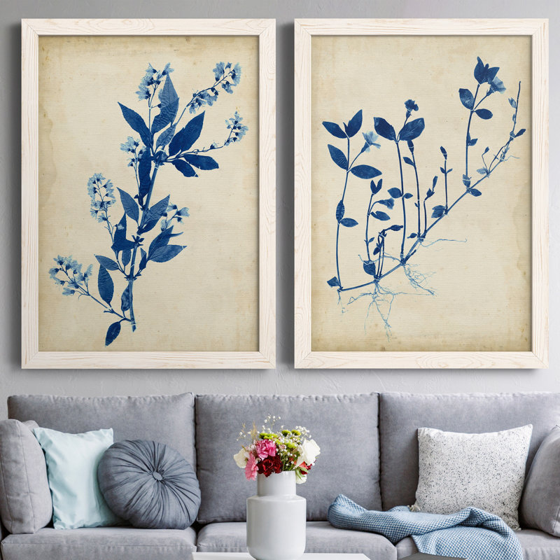 " Indigo Leaf Study I " 2 - Pieces, 27.5" H x 37.5" W x 1" D, White Framed, No Mat