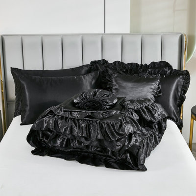 Black Satin Comforter Set,Queen Bed Set,Silk Like Satin Queen Comforter Set with Sheets,Silky Satin Bedding Set,Queen Bed in a Bag 8-Piece,Soft Smooth Sheets,Ruffled Luxury Bedding Set