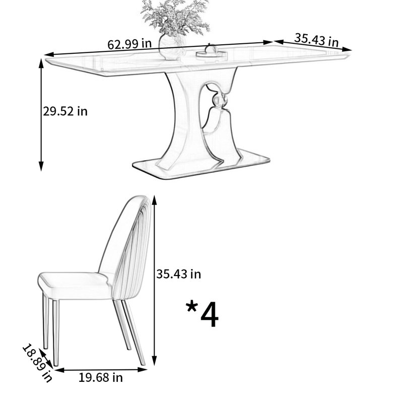 Rectangular microlite dining table and chair set, 29.52"H x 62.99"L x 35.43"W