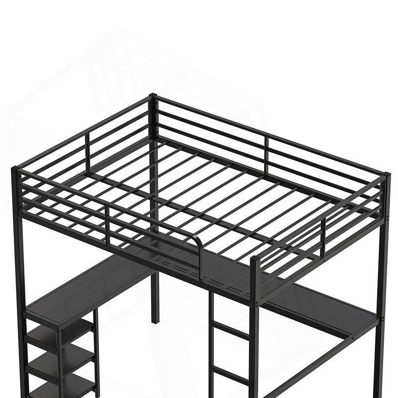 Lit mezzanine double avec bureau intégré, tablettes ouvertes, structure en métal robuste, barrières de sécurité et échelle robuste pour optimiser l'espace.