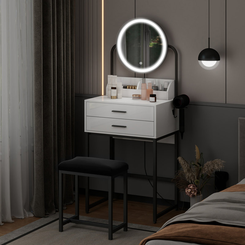 Dressing Table with LED Lighted Mirror, Makeup Vanity Desk with Stool and 2 Drawers, 55CM Desktop, Black