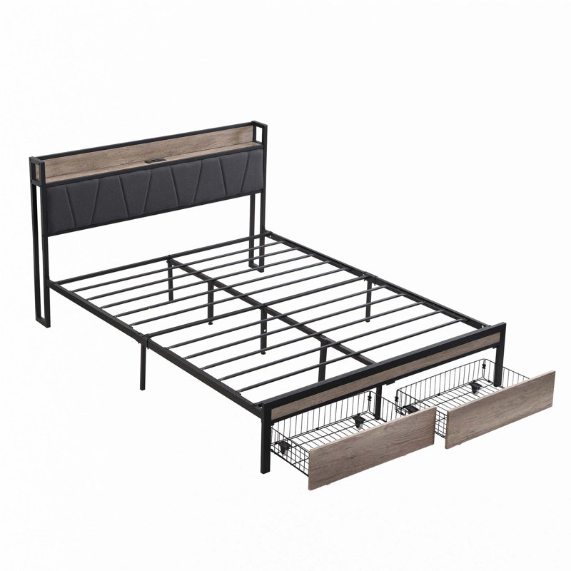 Structure de lit plateforme en métal avec doublure USB et pied de lit avec tiroirs, Grand
