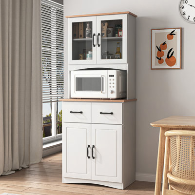 Armoire de cuisine blanche en bois - Rangement pour micro-ondes autoportant avec portes et tiroir encadrées en verre