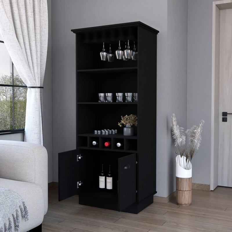 Black Bar Cabinet With Glassware Rack And Functional Storage Compartments Wood Finish