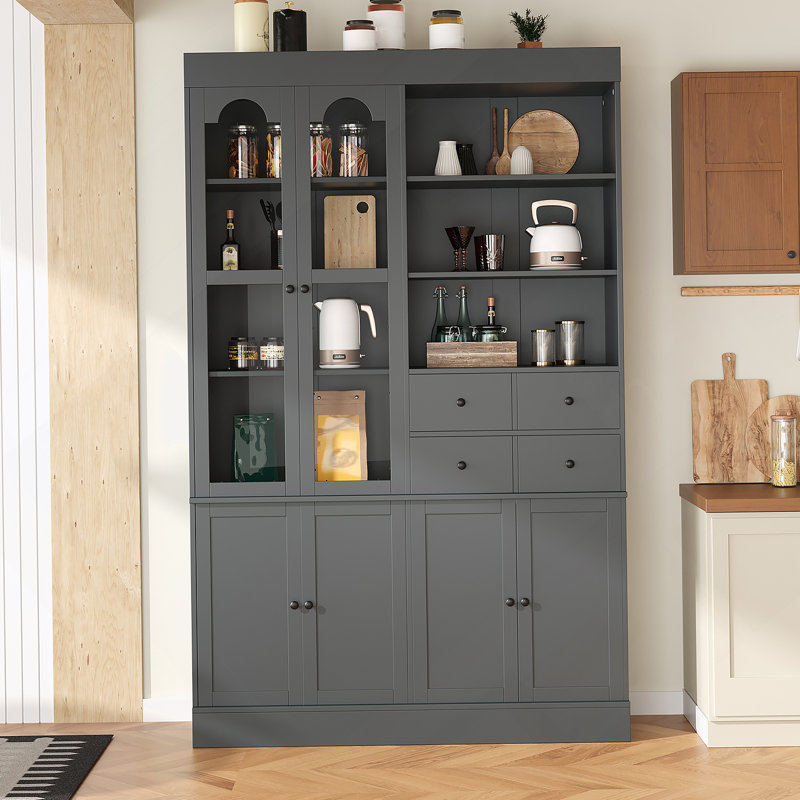 Armoire décorative, buffet autoportant, garde-manger avec tiroirs, tablettes et plateaux coulissants, Gris