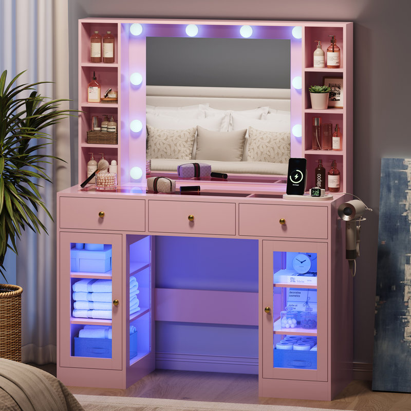 Grand bureau de coiffeuse avec lumières et miroir, 10 ampoules rondes avec miroir, prise de courant, 5 tiroirs, 8 tablettes avec éclairage de luminosité, support pour sèche-cheveux (sans tabouret)