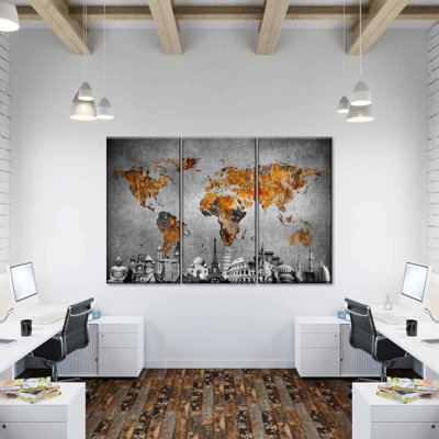 " Colorful World Map Masterpiece I " 3 - Pieces