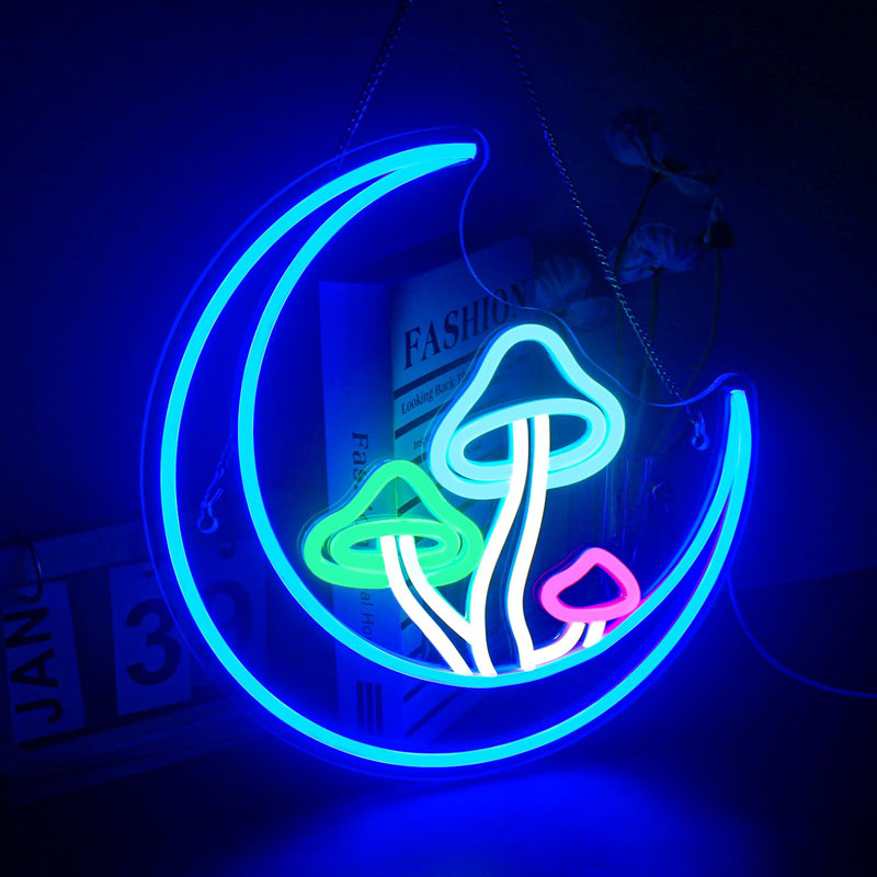 Lune, champignon, enseigne au néon, bleu, néon, lumières pour décoration murale, champignon, enseignes lumineuses USB, enseignes à DEL pour salon