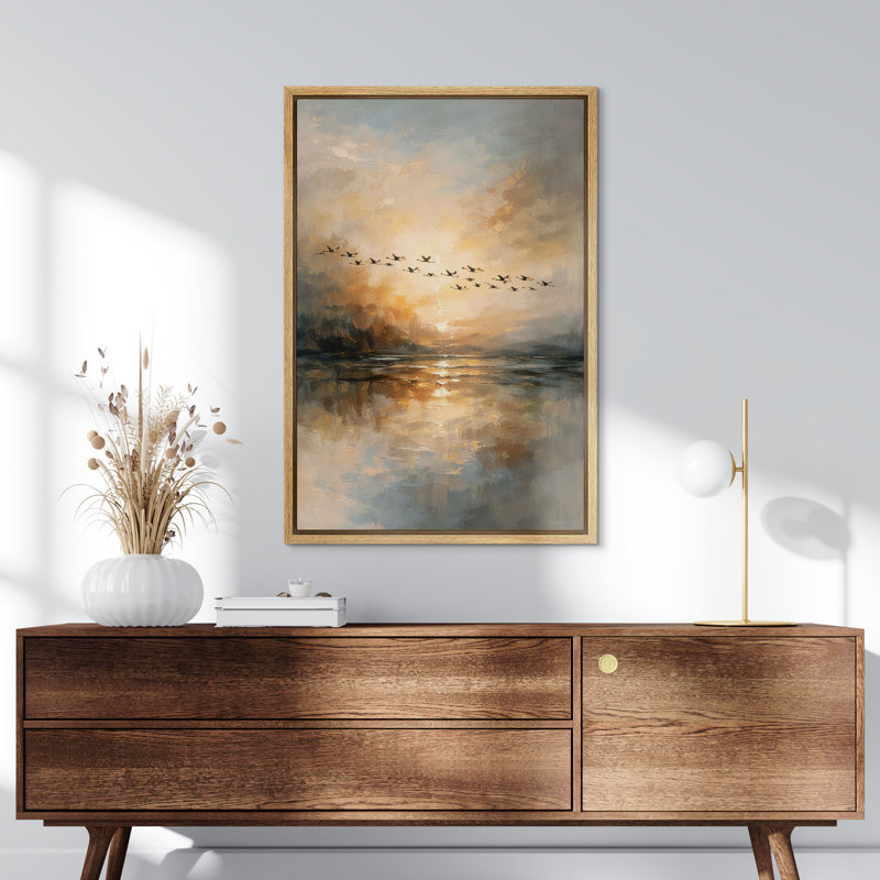 «Golden Sunset Over Calm Lake with Flying Birds», reproduction d'art sur toile encadrée, H 36 po x l 24 po, Naturel
